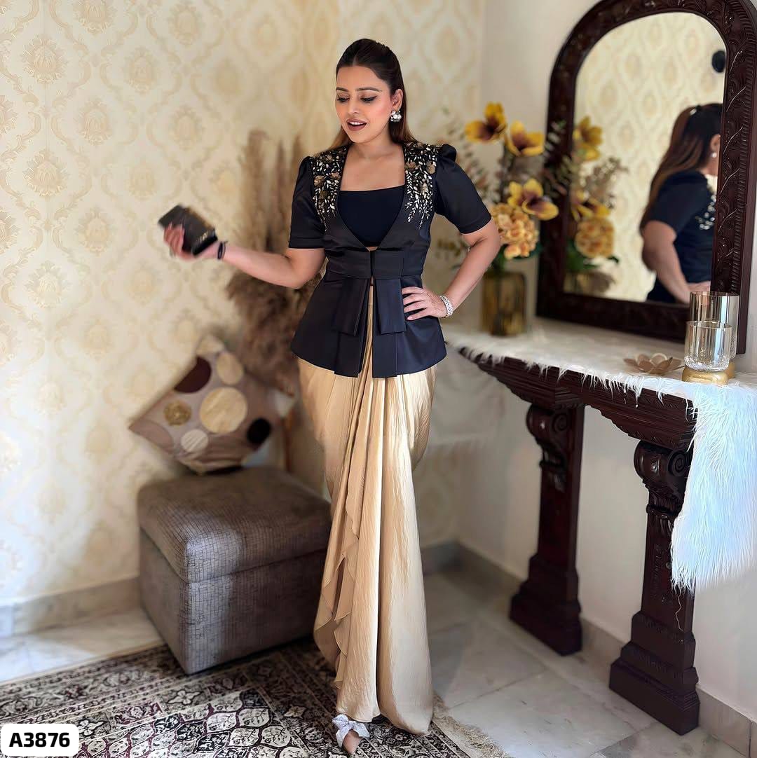 Black and Gold Indo-western dress with cowl skirt