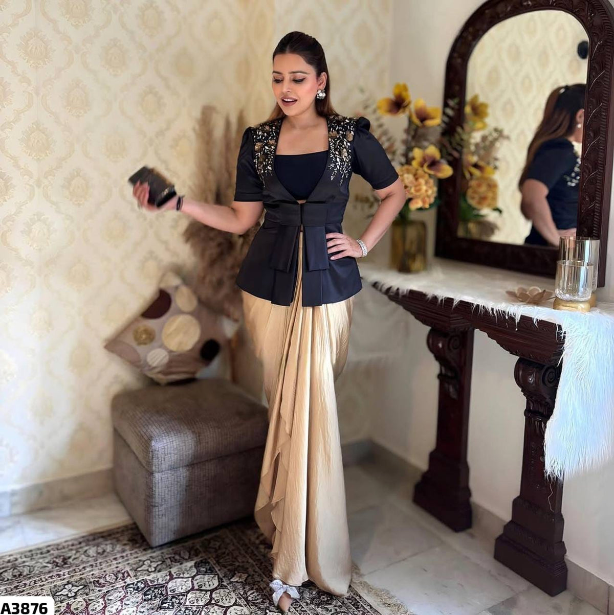Black and Gold Indo-western dress with cowl skirt