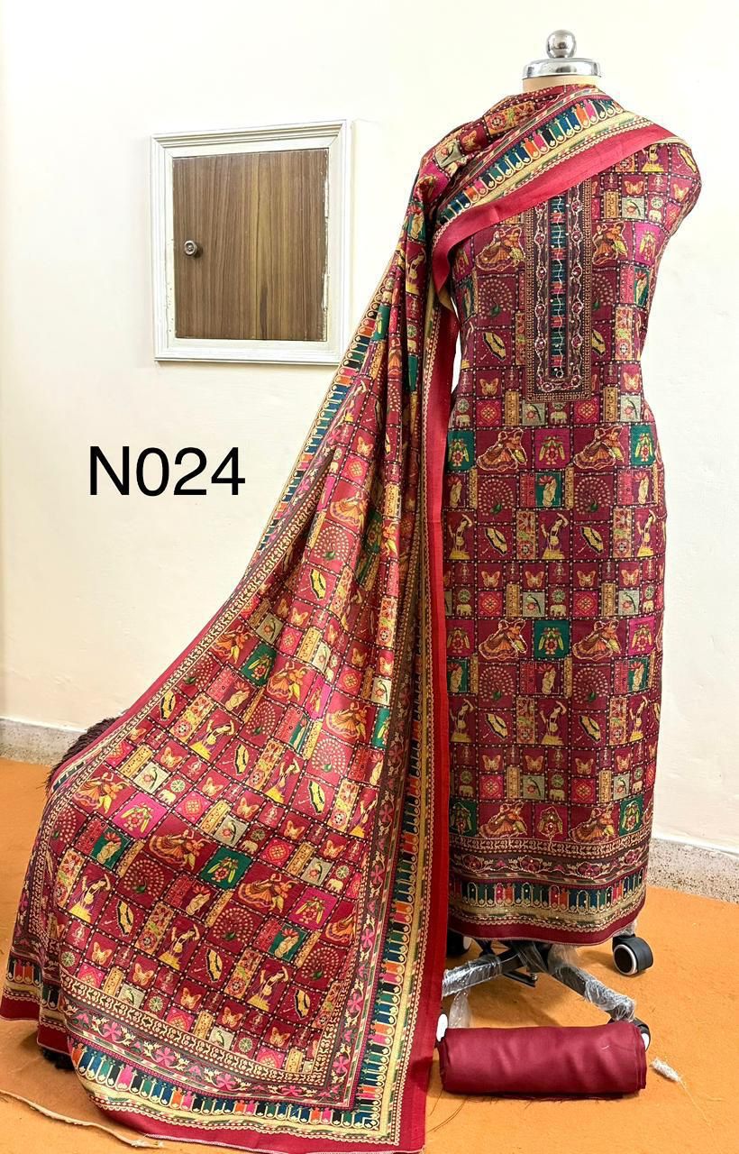 Red Printed Pashmina unstitched suit set