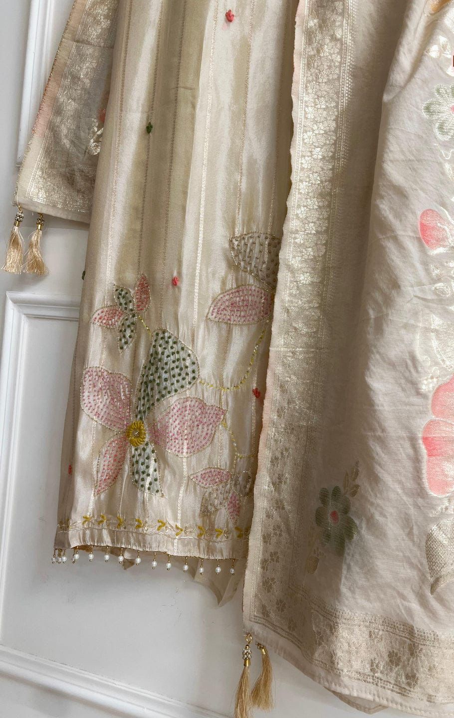 Ivory Tissue silk Unstitched woven hand embroidered