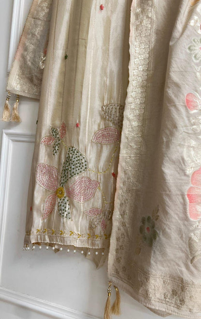 Ivory Tissue silk Unstitched woven hand embroidered