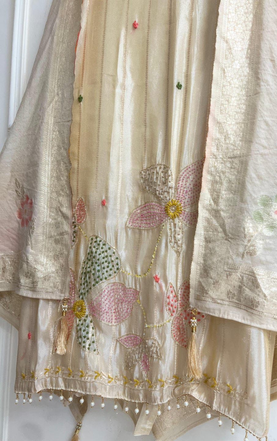 Ivory Tissue silk Unstitched woven hand embroidered