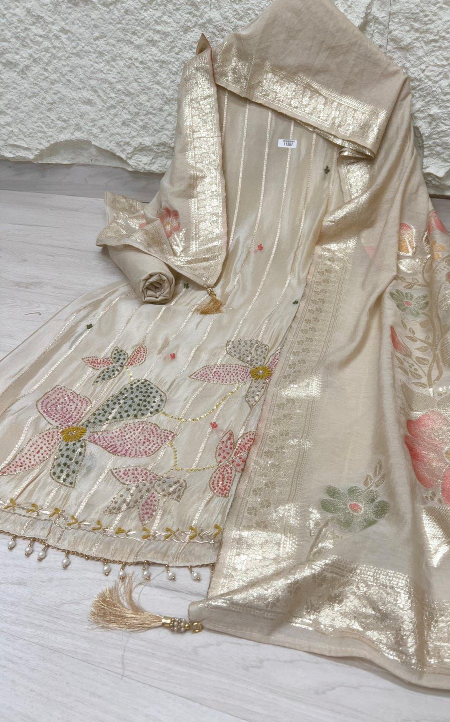 Ivory Tissue silk Unstitched woven hand embroidered