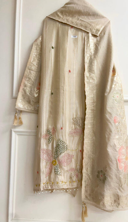 Ivory Tissue silk Unstitched woven hand embroidered