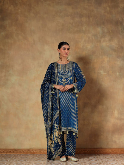 Noorvi Navy Viscose Silk Embroidered 3-Piece Set
