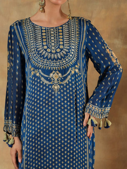 Noorvi Navy Viscose Silk Embroidered 3-Piece Set