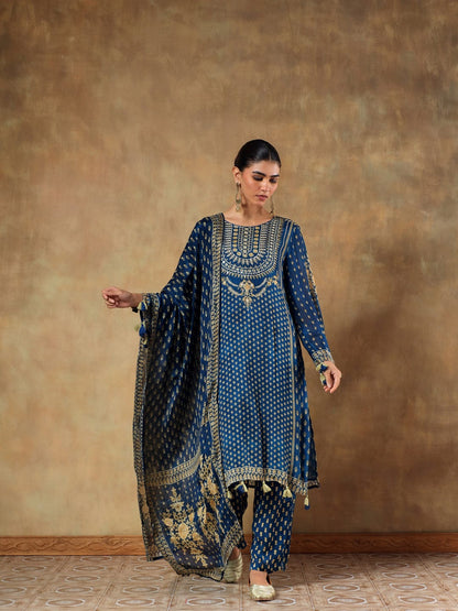 Noorvi Navy Viscose Silk Embroidered 3-Piece Set