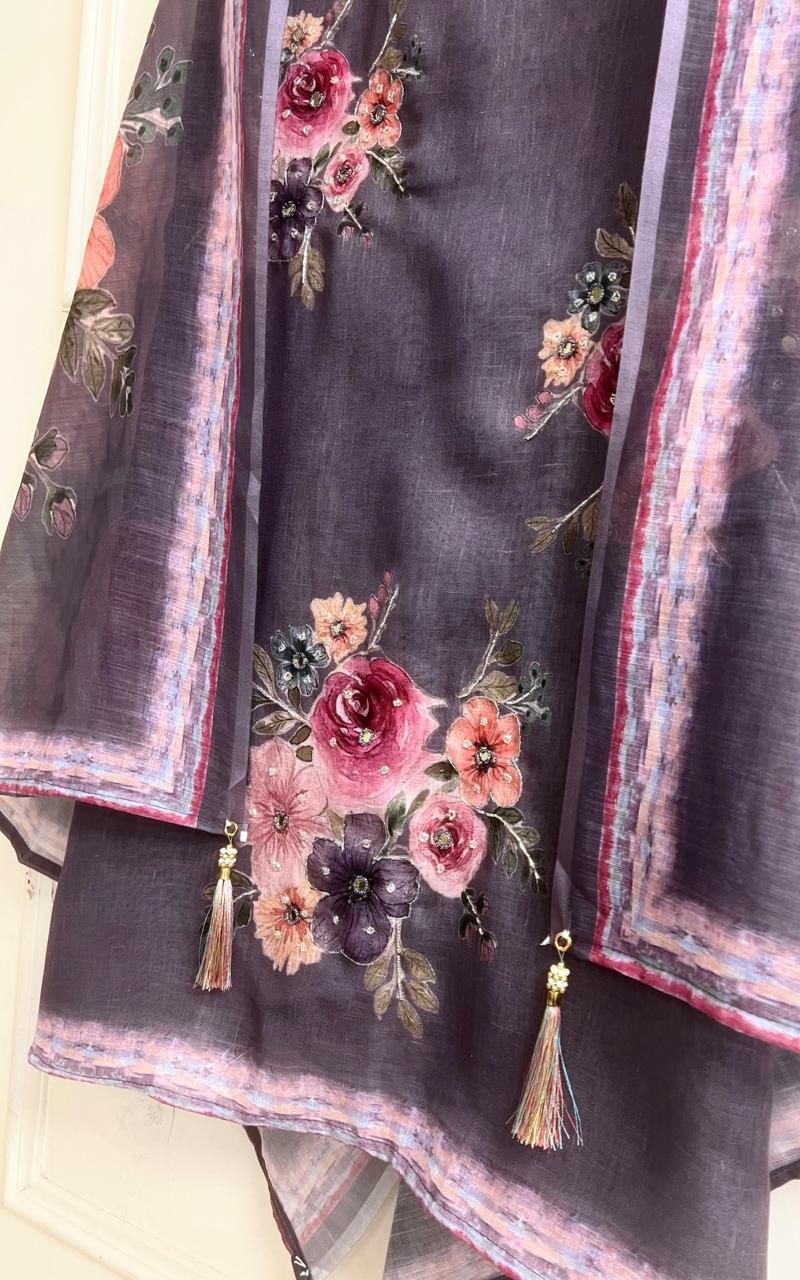 Plum Grey Linen Printed Unstitched 3-Piece Suit&nbsp;