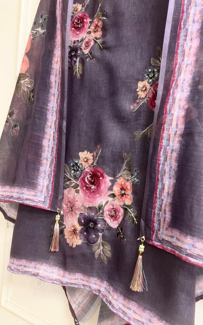 Plum Grey Linen Printed Unstitched 3-Piece Suit&nbsp;