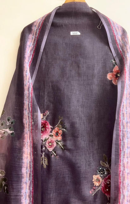 Plum Grey Linen Printed Unstitched 3-Piece Suit&nbsp;