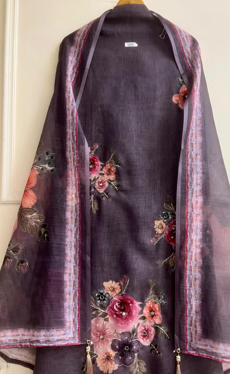 Plum Grey Linen Printed Unstitched 3-Piece Suit&nbsp;