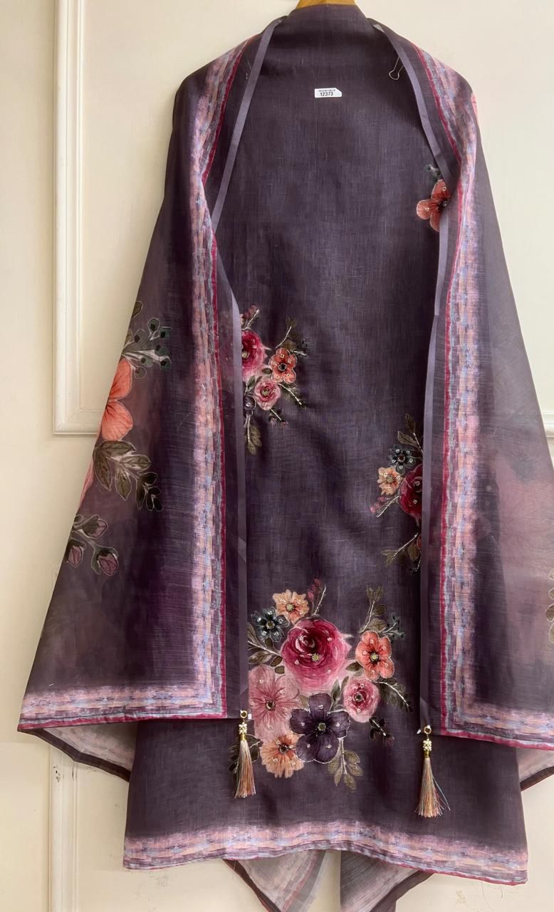 Plum Grey Linen Printed Unstitched 3-Piece Suit&nbsp;