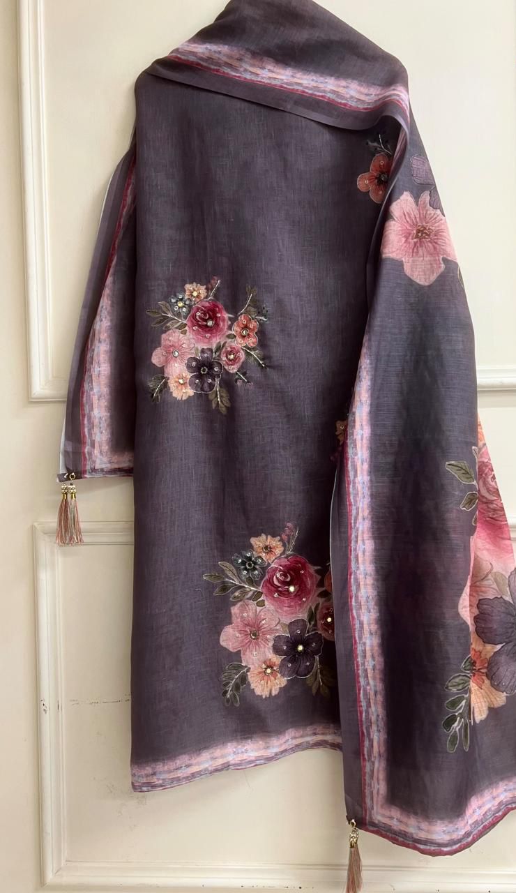 Plum Grey Linen Printed Unstitched 3-Piece Suit&nbsp;