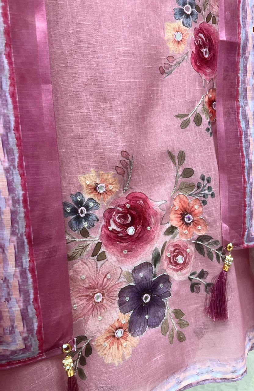 Rose pink Linen Printed Unstitched 3-Piece Suit