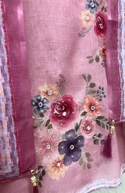 Rose pink Linen Printed Unstitched 3-Piece Suit