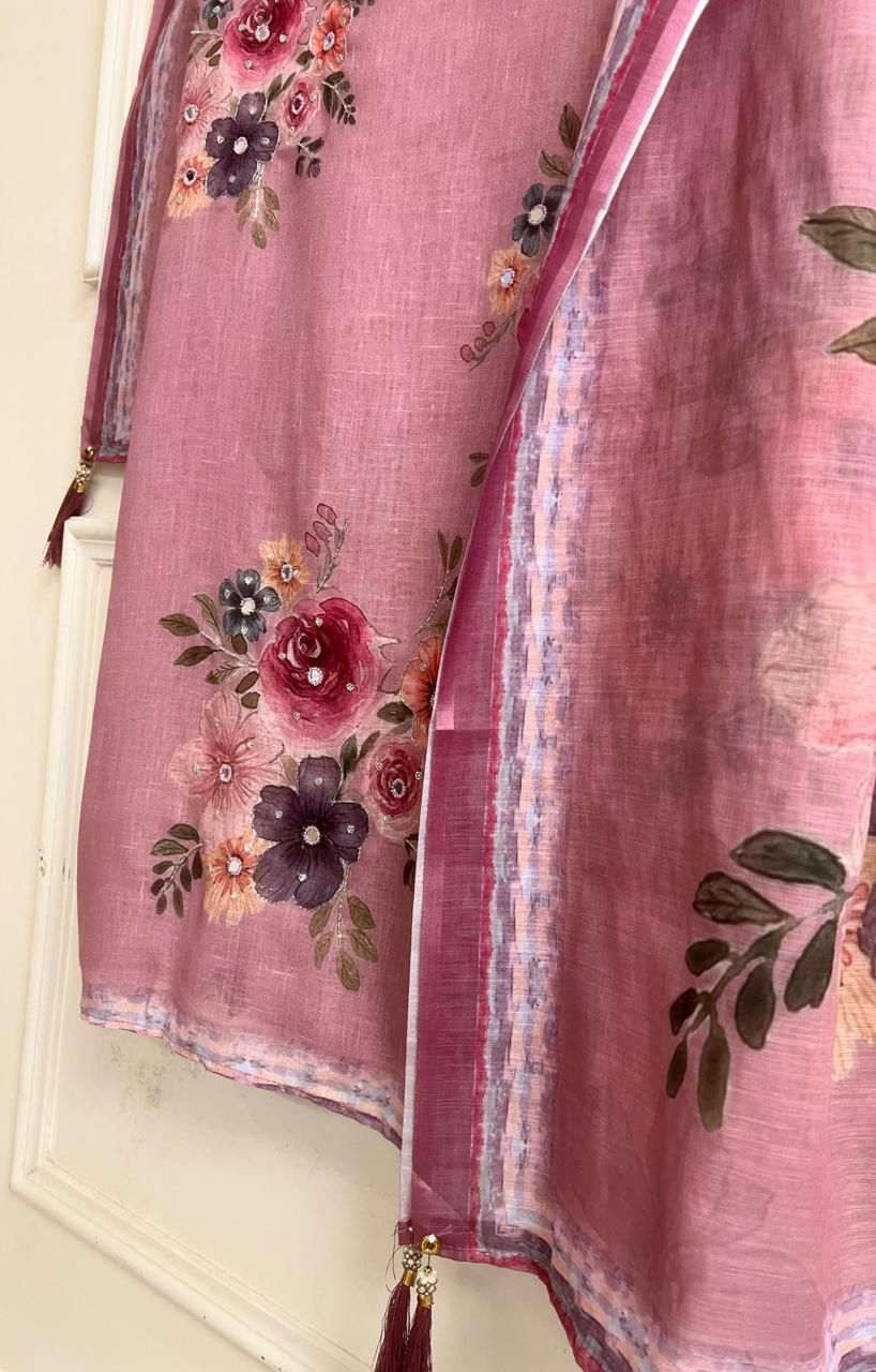 Rose pink Linen Printed Unstitched 3-Piece Suit