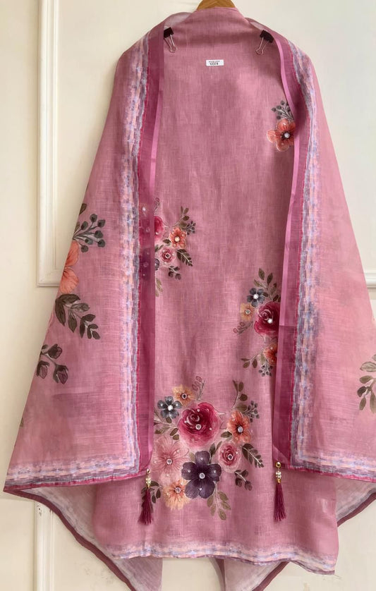 Rose pink Linen Printed Unstitched 3-Piece Suit