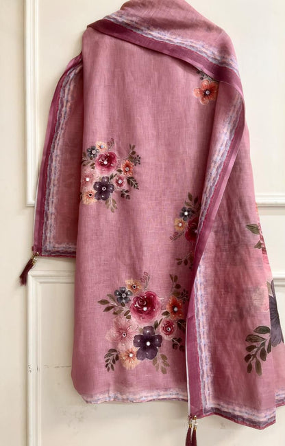 Rose pink Linen Printed Unstitched 3-Piece Suit