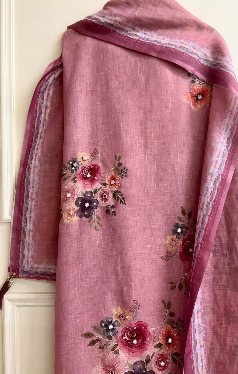 Rose pink Linen Printed Unstitched 3-Piece Suit