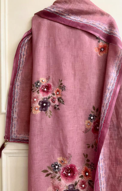 Rose pink Linen Printed Unstitched 3-Piece Suit