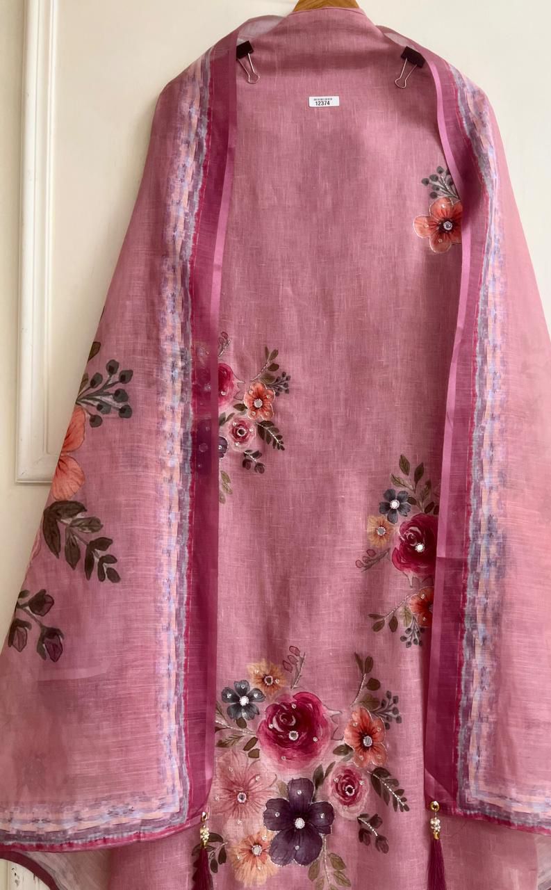 Rose pink Linen Printed Unstitched 3-Piece Suit
