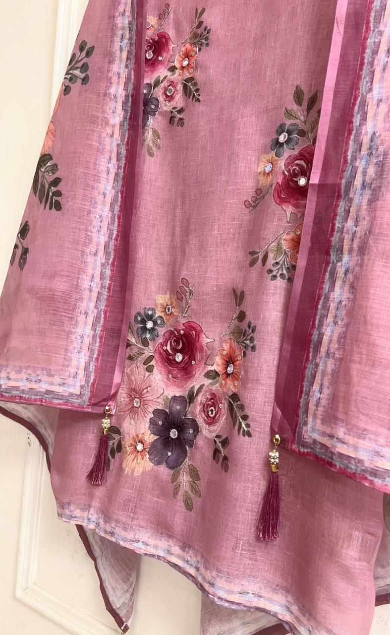 Rose pink Linen Printed Unstitched 3-Piece Suit