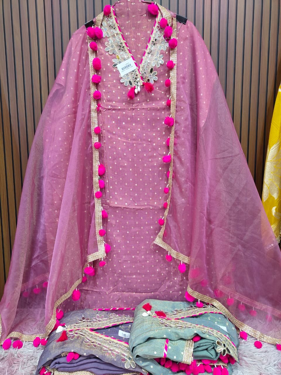 Pink Purple Grey Mirror work and pompom lace