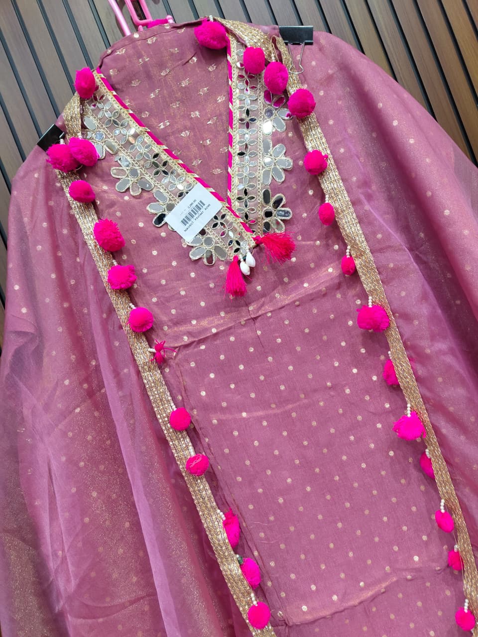 Pink Purple Grey Mirror work and pompom lace