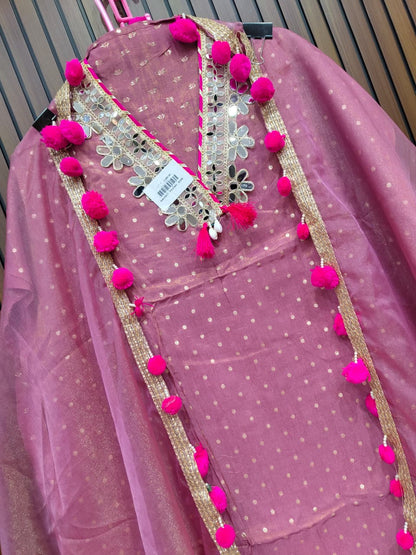 Pink Purple Grey Mirror work and pompom lace