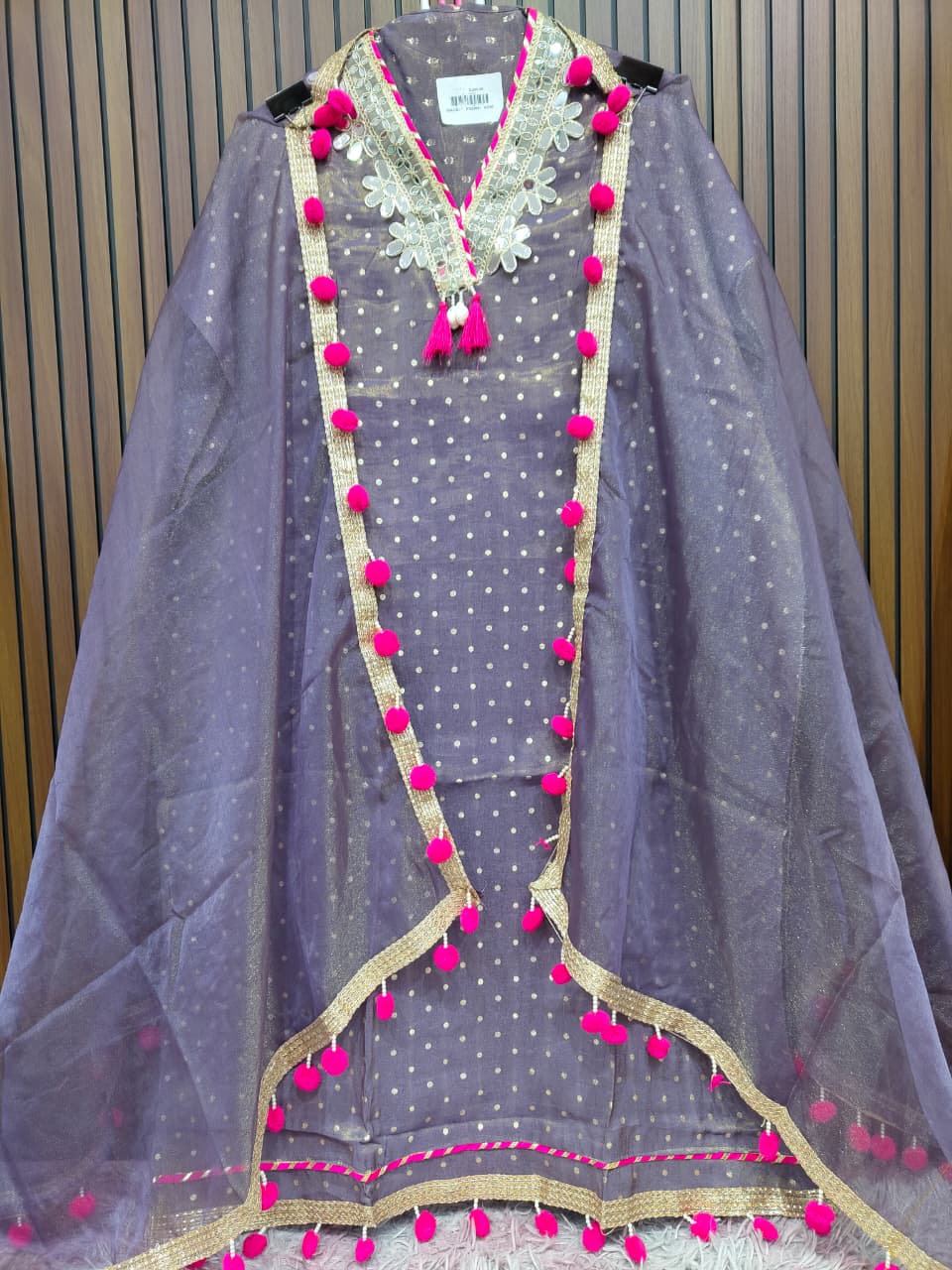 Pink Purple Grey Mirror work and pompom lace