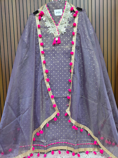 Pink Purple Grey Mirror work and pompom lace