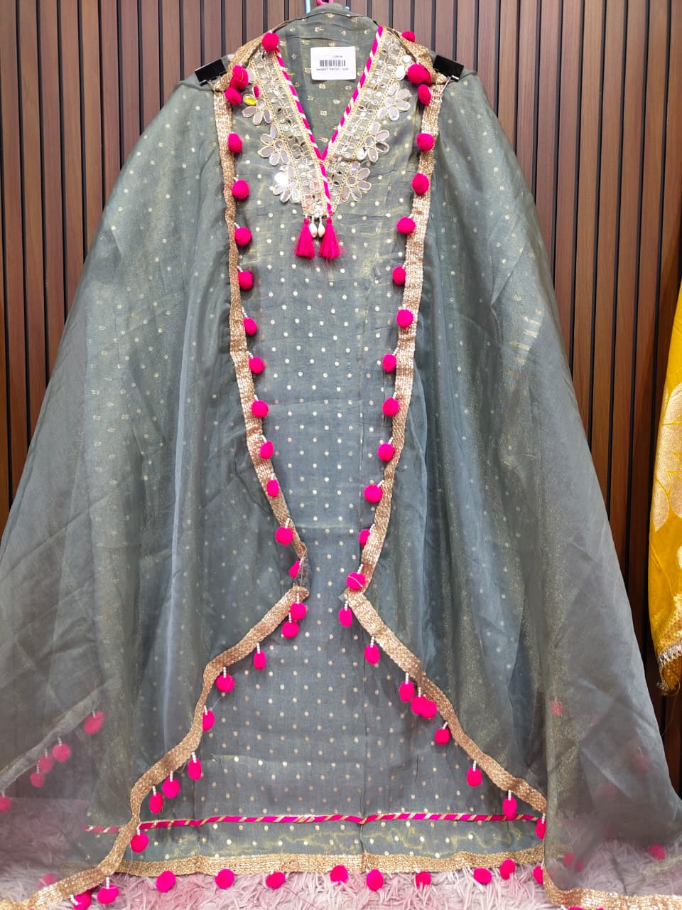 Pink Purple Grey Mirror work and pompom lace