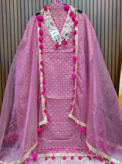 Pink Purple Grey Mirror work and pompom lace