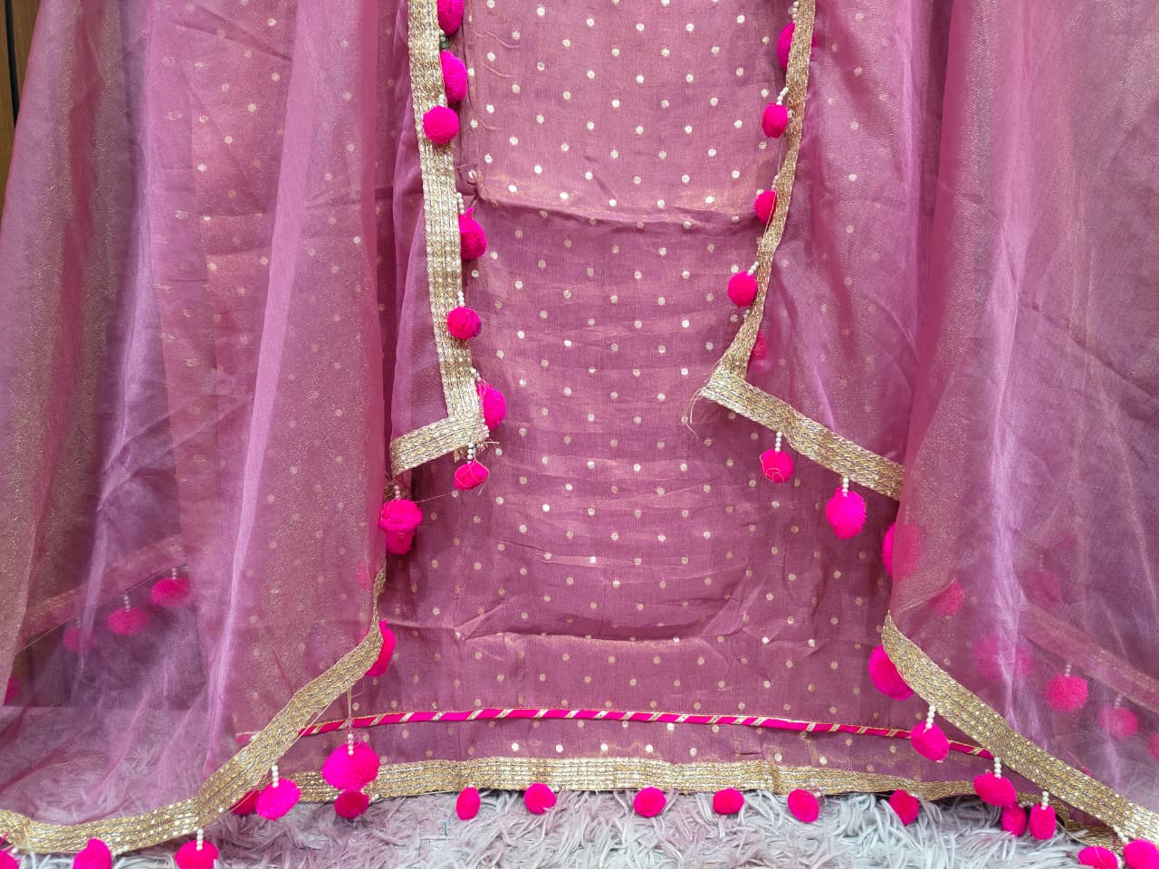 Pink Purple Grey Mirror work and pompom lace