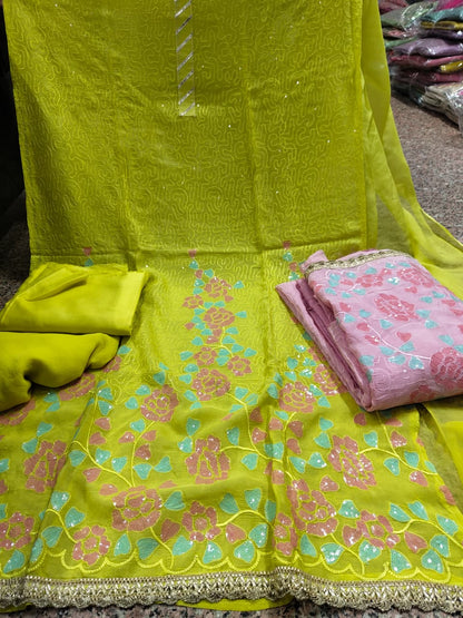 Pink Green Viscose organza Unstitched Set