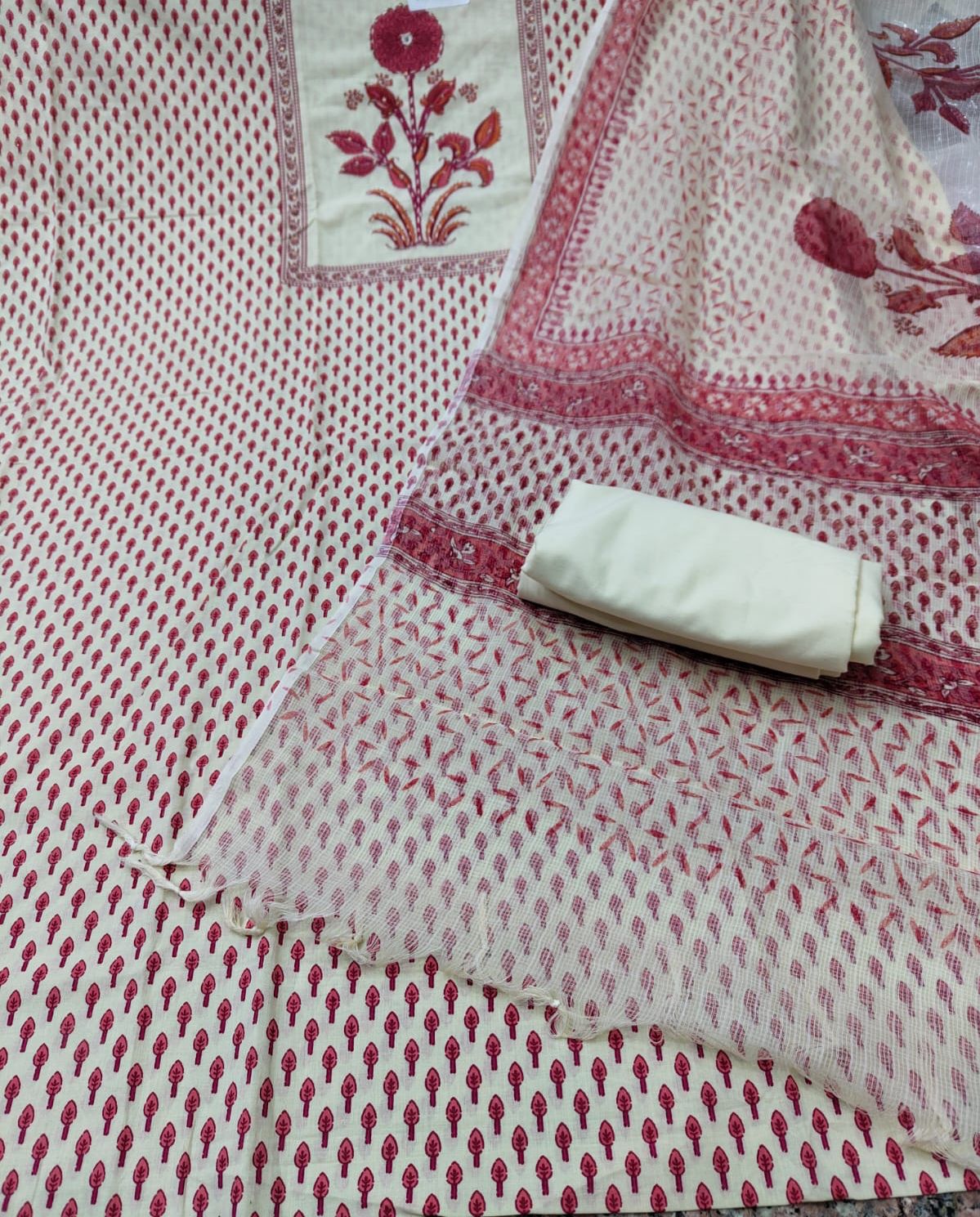 White Red Printed Cotton Unstitched Suit Set