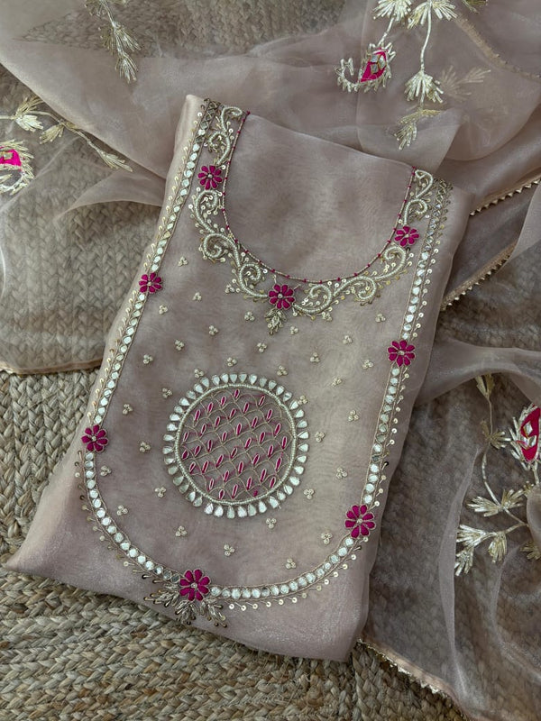 Beige Green Blue White Pink Organza Unstitched Set