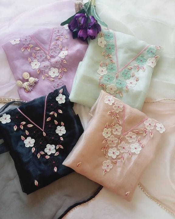 Multi organza pearl work unstitched suit set