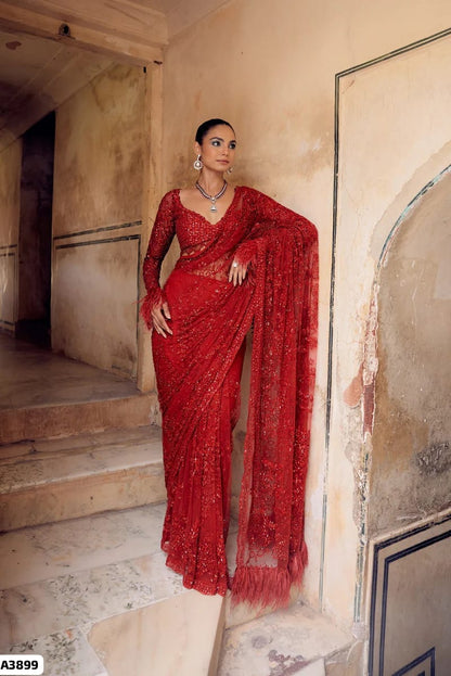 Red Net Saree