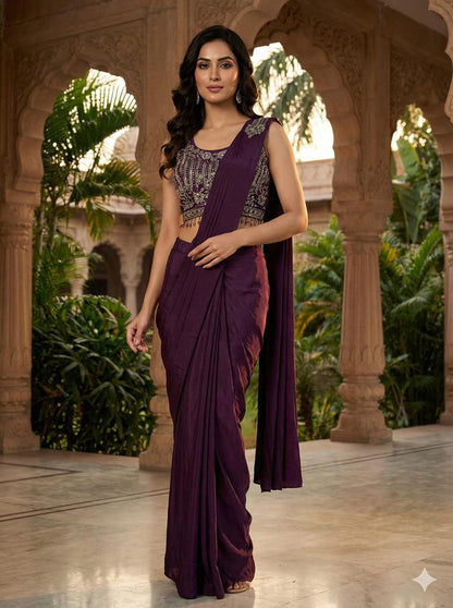 Plain Drape Saree with embroidered blouse