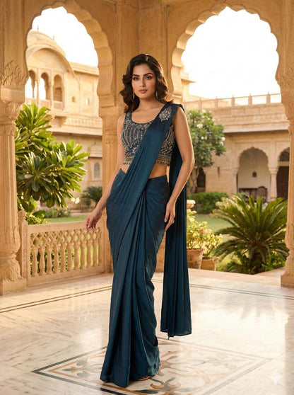 Plain Drape Saree with embroidered blouse
