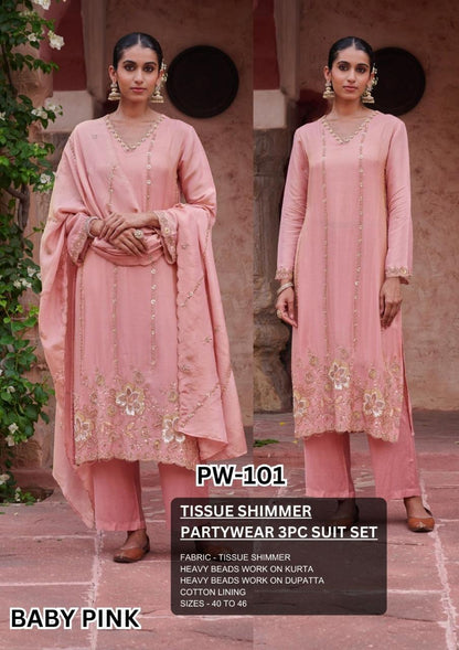 Baby Pink Tissue Shimmer Beeds Suit Set