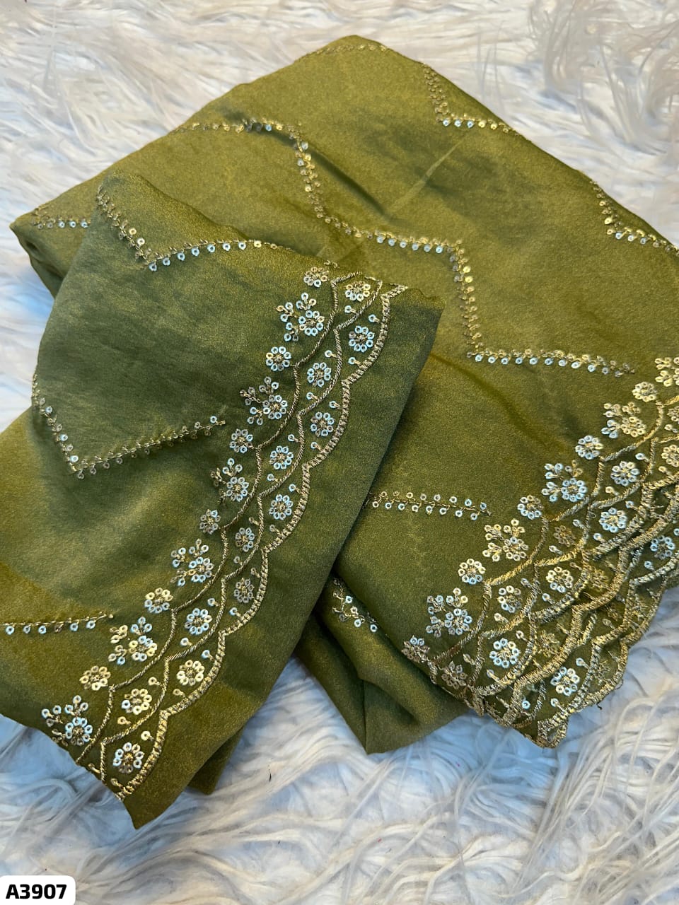 Satin Sequence Embroidery Work Saree