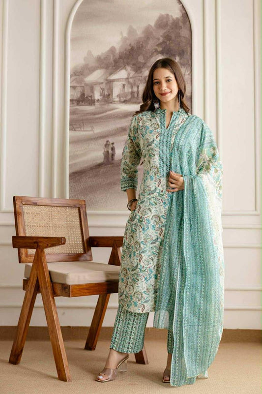 Green Printed Cotton Suit Set