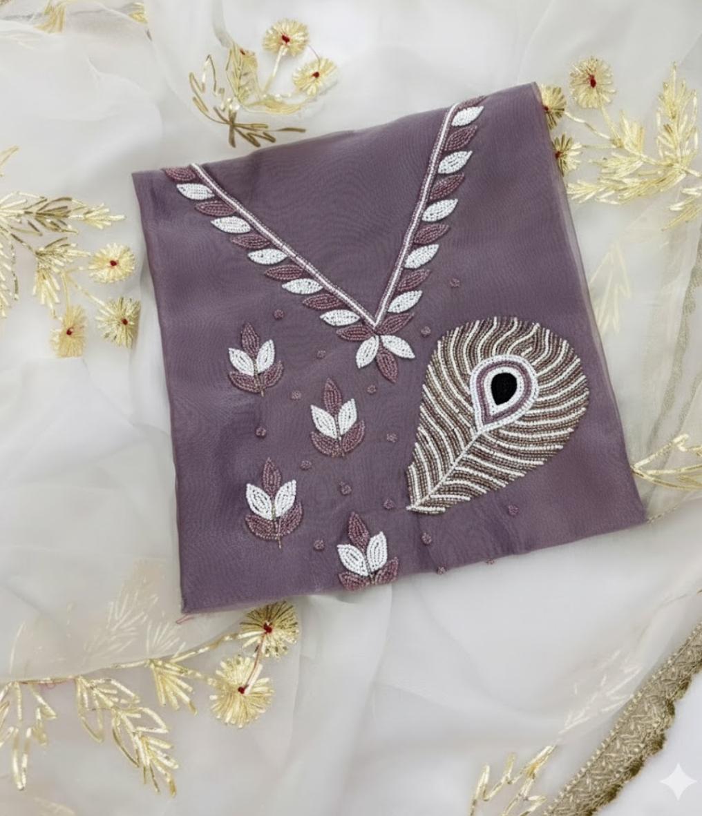 Grey Purple Organza Unstitched Suit Set