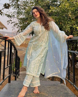 Green Lace Embroidery Work Kurti with Pant with dupatta