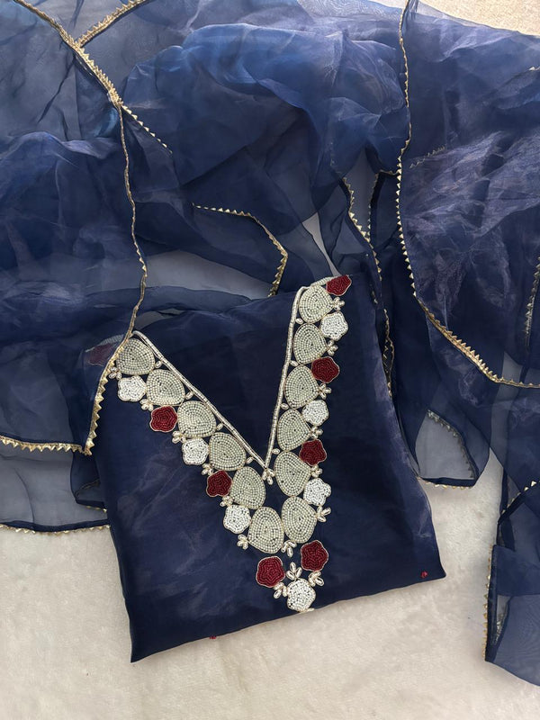 Navy Beige Red Blue Organza with pearl work