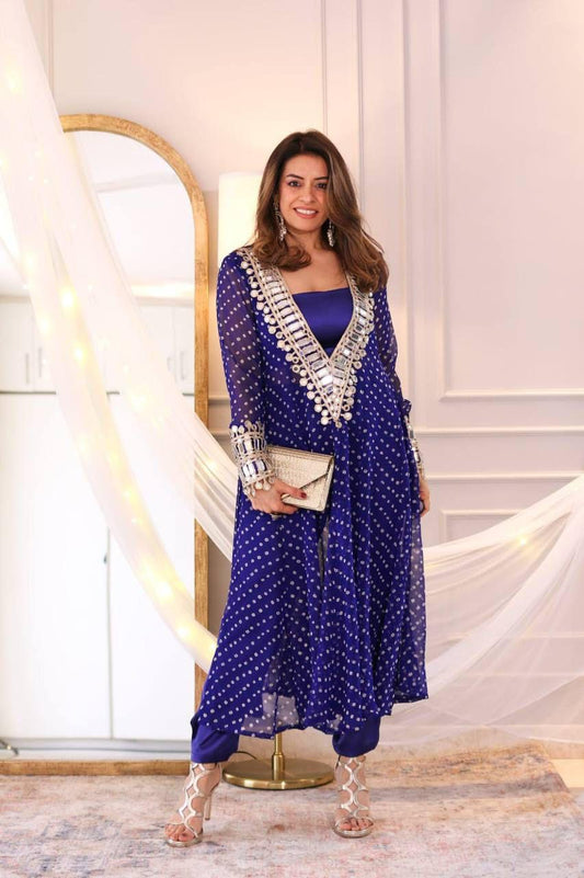 Blue mirror-work Georgette kurta set
