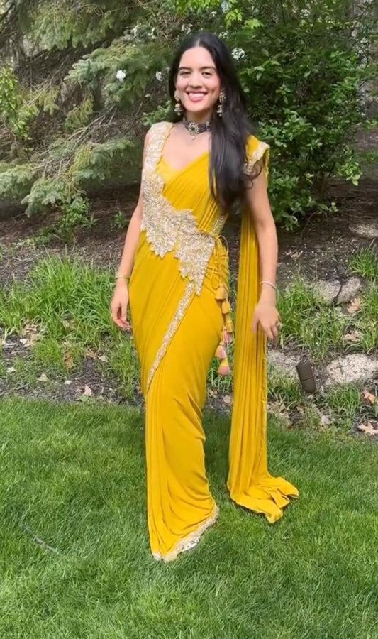 Yellow Ready-to-Wear Embroidery Cording Work Saree