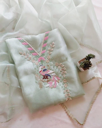 Organza Peacock Pearl handwork unstitched